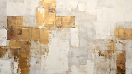Abstract Oil Painting with overlapping Squares in white and dark gold Colors. Artistic Background with visible Brush Strokesの素材