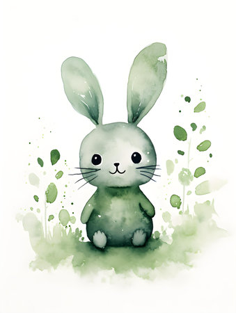 Watercolor drawing of a dark green bunny on a white background. Easter Card Template with Copy Spaceの素材