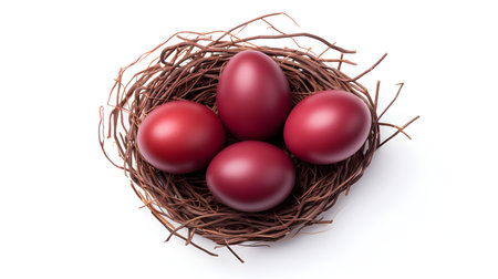 Top view of dark red eggs in a nest on a white background. Easter template with copy spaceの素材
