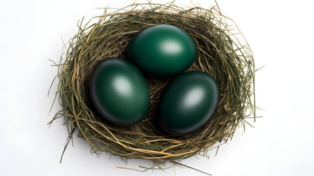 Top view of dark green eggs in a nest on a white background. Easter template with copy spaceの素材