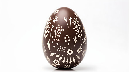 Hand Painted Easter Egg in dark brown colors on a white background. Elegant Easter template with copy spaceの素材