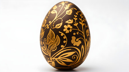 Hand Painted Easter Egg in dark gold colors on a white background. Elegant Easter template with copy spaceの素材