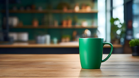 Dark green coffee cup on a wooden table. Blurred Interior Backgroundの素材