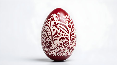 Hand Painted Easter Egg in dark red colors on a white background. Elegant Easter template with copy spaceの素材