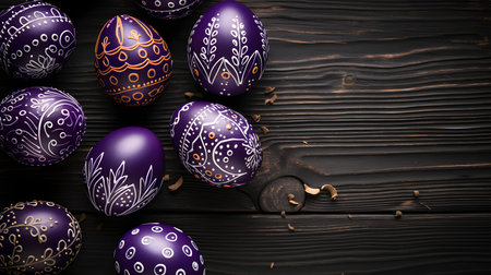 Dark Purple Easter Eggs on a wooden background with copy space. Template for a Happy Easter Greeting Cardの素材