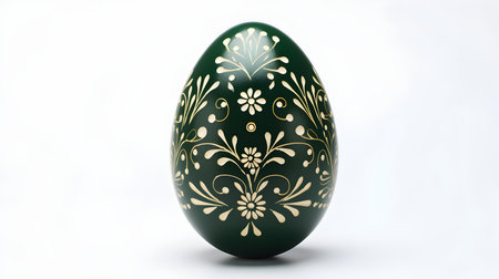 Hand Painted Easter Egg in dark green colors on a white background. Elegant Easter template with copy spaceの素材