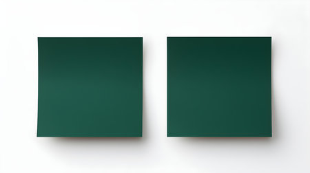Two dark green square paper notes on a white background. Brainstorming template with copy spaceの素材