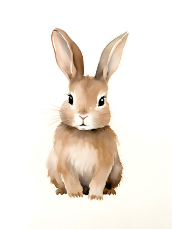 Watercolor drawing of a dark brown bunny on a white background. Easter Card Template with Copy Spaceの素材