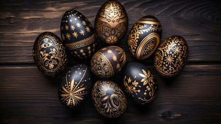 Dark Gold Easter Eggs on a wooden background with copy space. Template for a Happy Easter Greeting Cardの素材