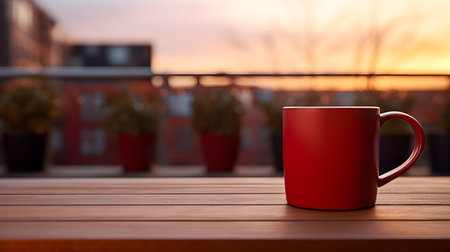 Balcony view of a dark red mug on a wooden table. Close up with a blurred backgroundの素材