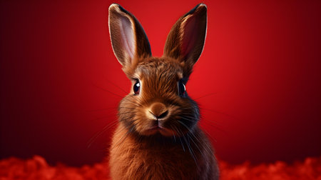 Fluffy Bunny in front of a dark red wallpaper. Blank background with copy spaceの素材