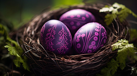 Close up of dark purple Easter eggs in the nature. Blurred Forest Backgroundの素材