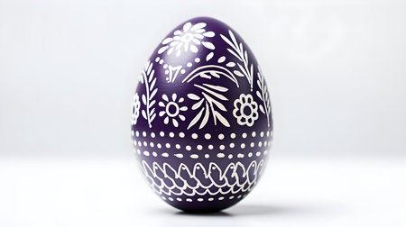 Hand Painted Easter Egg in dark purple colors on a white background. Elegant Easter template with copy spaceの素材