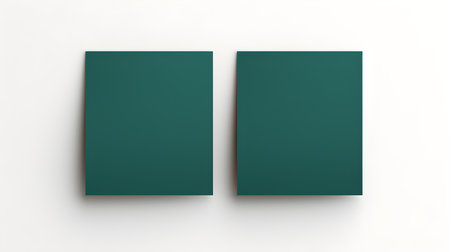 Two dark green square paper notes on a white background. Brainstorming template with copy spaceの素材