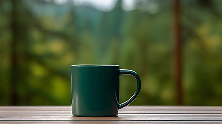 Close up of a dark green mug on a wooden table in a forest. Blurred natural backgroundの素材