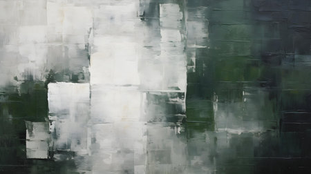 Abstract Oil Painting with overlapping Squares in white and dark green Colors. Artistic Background with visible Brush Strokesの素材