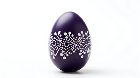 Hand Painted Easter Egg in dark purple colors on a white background. Elegant Easter template with copy spaceの素材