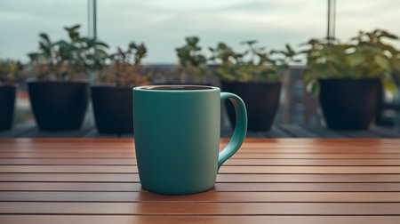 Balcony view of a dark green mug on a wooden table. Close up with a blurred backgroundの素材