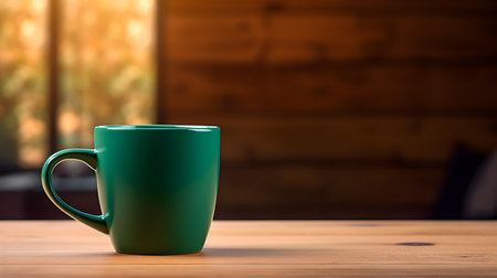 Dark green coffee cup on a wooden table. Blurred Interior Backgroundの素材