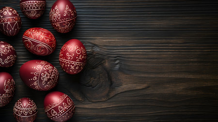 Dark Red Easter Eggs on a wooden background with copy space. Template for a Happy Easter Greeting Cardの素材