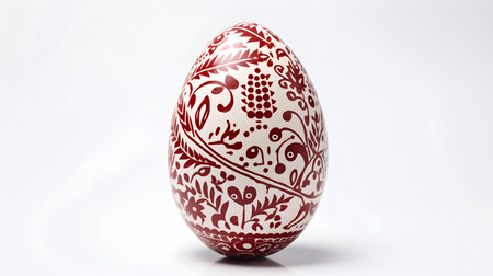 Hand Painted Easter Egg in dark red colors on a white background. Elegant Easter template with copy spaceの素材