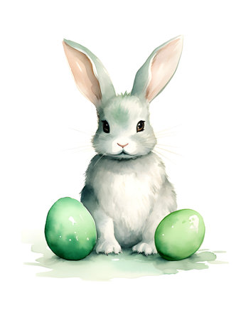 Watercolor drawing of an emerald bunny on a white background. Easter Card Template with Copy Spaceの素材