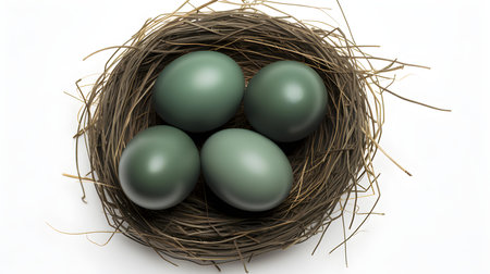 Top view of dark green eggs in a nest on a white background. Easter template with copy spaceの素材
