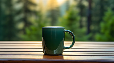 Close up of an emerald mug on a wooden table in a forest. Blurred natural backgroundの素材