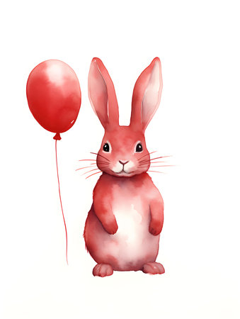 Watercolor drawing of a dark red bunny on a white background. Easter Card Template with Copy Spaceの素材