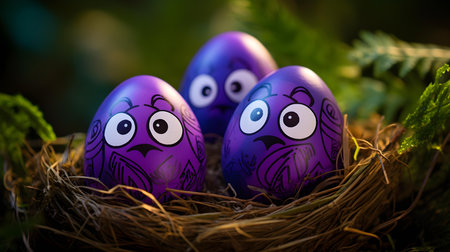Close up of dark purple Easter eggs in the nature. Blurred Forest Backgroundの素材