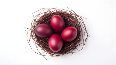 Top view of dark red eggs in a nest on a white background. Easter template with copy spaceの素材