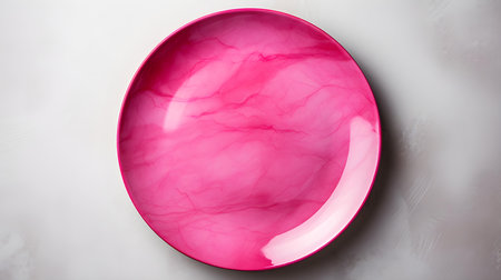 Top view of an empty plate in fuchsia colors on a white marble background. Elegant template with copy spaceの素材