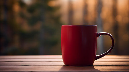 Close up of a dark red mug on a wooden table in a forest. Blurred natural backgroundの素材