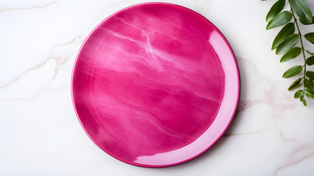 Top view of an empty plate in fuchsia colors on a white marble background. Elegant template with copy spaceの素材