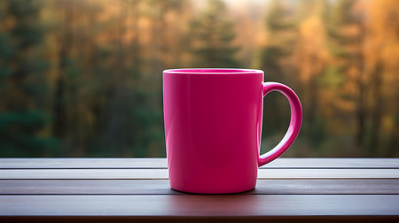 Close up of a fuchsia mug on a wooden table in a forest. Blurred natural backgroundの素材