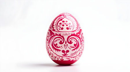 Hand Painted Easter Egg in fuchsia colors on a white background. Elegant Easter template with copy spaceの素材
