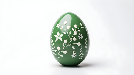 Hand Painted Easter Egg in green colors on a white background. Elegant Easter template with copy spaceの素材