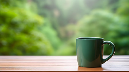 Close up of a green mug on a wooden table in a forest. Blurred natural backgroundの素材