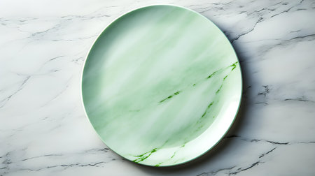 Top view of an empty plate in green colors on a white marble background. Elegant template with copy spaceの素材