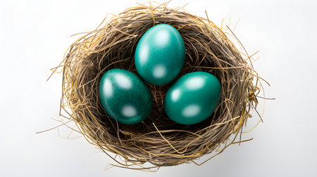 Top view of emerald eggs in a nest on a white background. Easter template with copy spaceの素材