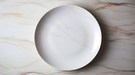 Top view of an empty plate in ivory colors on a white marble background. Elegant template with copy spaceの素材