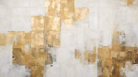 Abstract Oil Painting with overlapping Squares in white and gold Colors. Artistic Background with visible Brush Strokesの素材