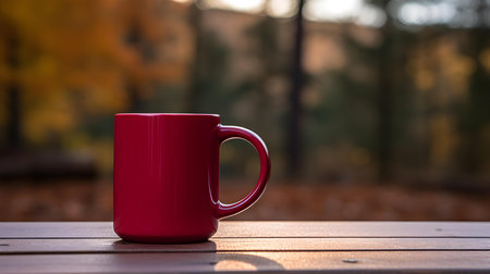 Close up of a dark red mug on a wooden table in a forest. Blurred natural backgroundの素材