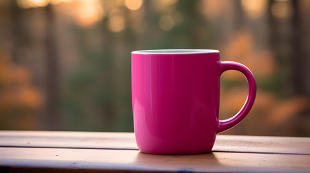 Close up of a fuchsia mug on a wooden table in a forest. Blurred natural backgroundの素材