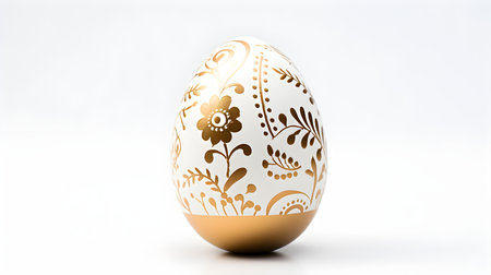 Hand Painted Easter Egg in gold colors on a white background. Elegant Easter template with copy spaceの素材