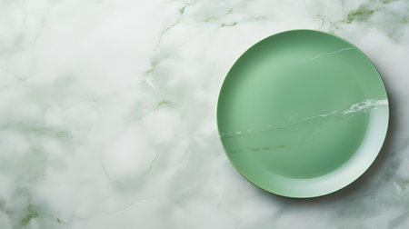 Top view of an empty plate in green colors on a white marble background. Elegant template with copy spaceの素材