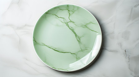 Top view of an empty plate in green colors on a white marble background. Elegant template with copy spaceの素材