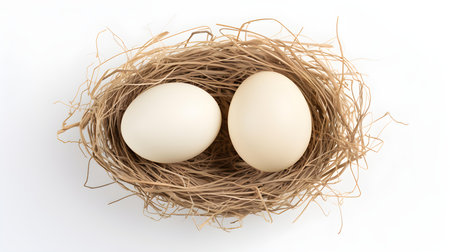 Top view of ivory eggs in a nest on a white background. Easter template with copy spaceの素材