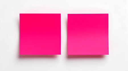 Two hot pink square paper notes on a white background. Brainstorming template with copy spaceの素材