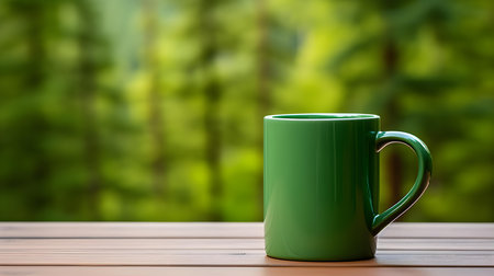 Close up of a green mug on a wooden table in a forest. Blurred natural backgroundの素材
